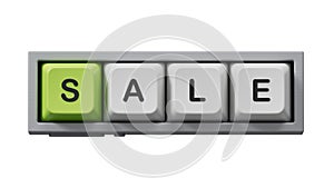sale.Computer keyboard keys spelling.Flat lay view from above on computer keyboard keys buttons