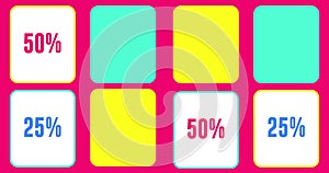Sale concept animation. Flashcard game with 10, 25, 50 and 75 percent discount. Find your sale discount 4K resolution