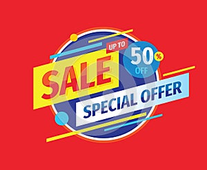 Sale - concept banner vector illustration. Special offer creative layout. Discount up to 50% off. Abstract geometric design