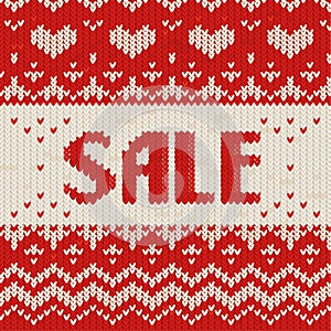 Sale Concept. Knitted red and white christmas sweater texture with SALE letters. Ugly sweater party.