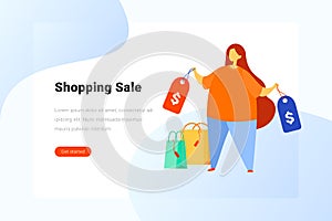 Sale concept Woman with shopping bags hold labels price tags Flat vector illustration. Landing Page design template