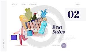 Sale, Consumerism Landing Page Template. Customer Character in Grocery or Supermarket with Goods in Shopping Trolley