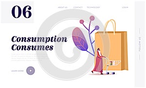 Sale, Consumerism Landing Page Template. Female Customer Character in Grocery with Goods in Shopping Trolley