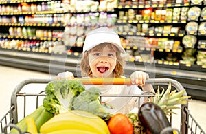 Sale, consumerism and people concept - excited kids with food in shopping cart at grocery store.