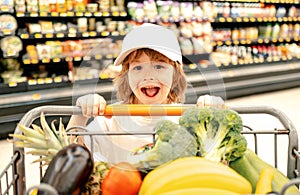 Sale, consumerism and people concept - excited kids with food in shopping cart at grocery store.