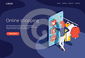 Sale, consumerism and people concept. Young woman shop online using smartphone. Landing page template.