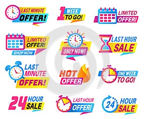 Sale countdown badges. Big deal, limited sale announcement. Promo stickers last day, hour and minute timer. Best offer