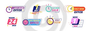 Sale countdown badges. Last day, hour and minute offer labels with clock icons. Big deal limited sale announcement