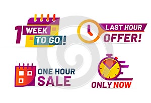 Sale countdown badges. Last minute offer banner, one day sales and 24 hour sale promo stickers