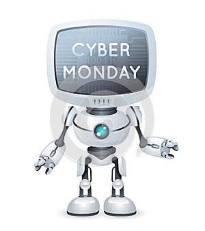 Sale cyber monday screen monitor head robot text poster technology science fiction future cute little 3d design vector