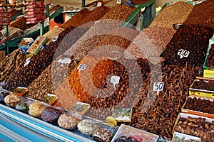 Sale of dates, nuts, spices among other products in Marrakech.