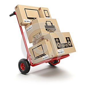 Sale and delivery of computer technics concept. Hand truck and c