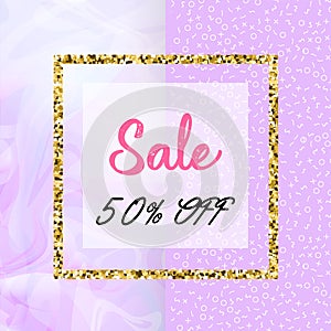 Sale design template for banner, flyer, poster, with marble texture and gold detail. Mempis pattern Clearance Sale