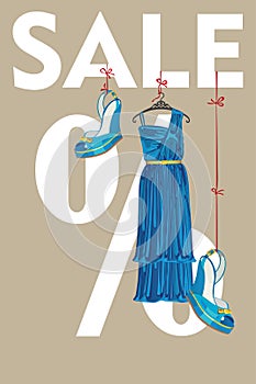 Sale design template.Blue party dress and high hee