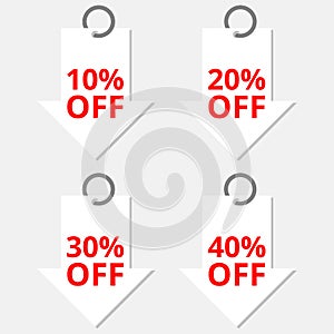 Sale discount arrows icons. Special offer price signs. 10, 20, 30 and 40 percent off reduction symbols
