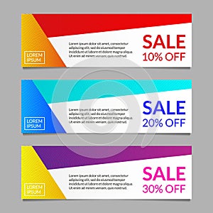 Sale and discount banner design template set. 10, 20, 30 percent price off. Modern horizontal business background layout.