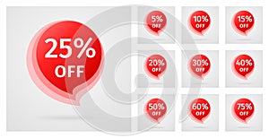 Sale Discount Banner. Set of Discounts 5,10,15,20,25,30,40,50,60,75 percent. Discount label in the form of the red speech bubble