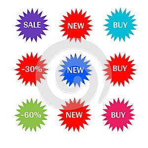 Sale, discount, buy, new, percentage stickers colorful star and white letters icon 3d background brand and productions advertising