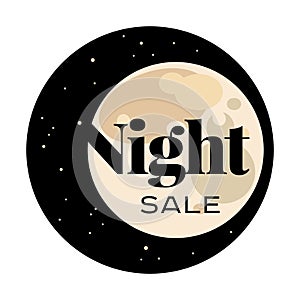 Sale and discount card, banner, flier. Black friday offer. Night sale title. Moon, planet with stars shining in space sky
