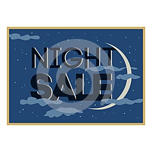 Sale and discount card, banner, flier. Black friday offer. Night sale title. New moon, planet with stars shining in cloudy sky