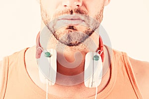 Sale discount. Enjoy perfect music sound headphones. Man listening music headphones white background. Modern technology