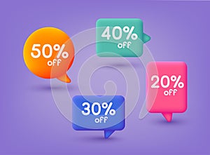 Sale discount icons. Special offer price signs. 10, 20, 25 and 30 percent off reduction symbols. Speech bubbles or chat symbols.