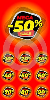Sale discount icons. Special offer price signs. 10, 20, 30, 40, 50, 60, 70, 80 and 90 percent off reduction symbols