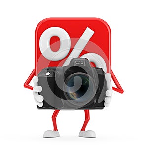 Sale or Discount Percent Sign Person Character Mascot with Modern Digital Photo Camera. 3d Rendering