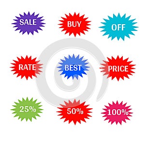 Sale, discount, percentage stickers colorful star and white letters icon 3d background brand and productions advertising