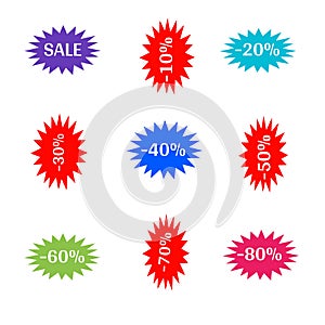 Sale, discount, percentage stickers colorful star and white letters icon 3d background brand and productions advertising