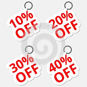 Sale discount stickers icons. Special offer price signs. 10, 20, 30 and 40 percent off reduction symbols