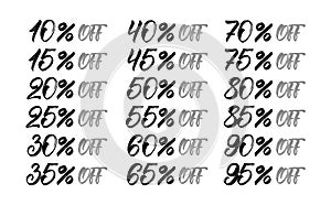 Sale and discount tags. Up to 10, 15, 20, 25, 30, 35, 40, 45, 50, 55, 60, 65, 70, 75, 80, 85, 90, 95 percent off