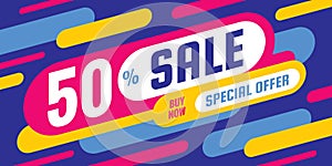 Sale discount up to 50% off - concept horizontal banner vector illustration. Special offer abstract layout. Graphic design poster.