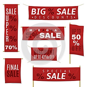 Sale discounts banners. Red realistic hanging pennants and flags. Vertical and horizontal chrome golden exhibition stand