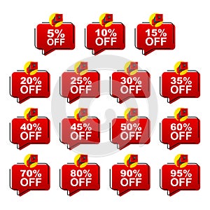 Sale discounts set. Special price offer signs. 10 to 90 percent discount on goods or services. Vector illustration.