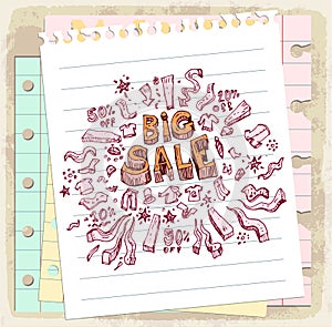 Sale doodle on paper note, vector illustration