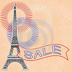 Sale. Eiffel Tower. Fireworks. Tape with text