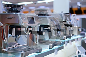 Sale of electric coffee makers on the shelf in the store