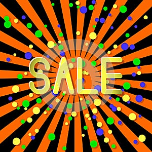 Sale. Event concept. Style pop art, paper art. Rays from the center, circles confetti with shadows