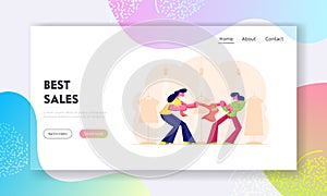 Sale Fight Website Landing Page. Shopaholic Women Fighting Over Sweater during Black Friday Discount in Mall