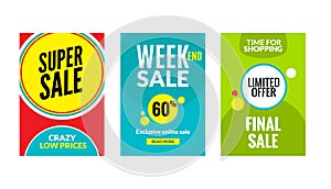 Sale flyers set with discount offer. Season best price poster template. Market banners shopping big discounts