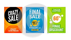 Sale flyers set with discount offer. Season best price poster template. Market banners shopping big discounts