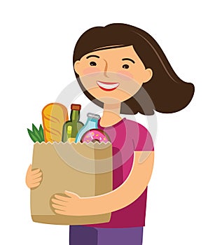 Sale of food. Girl holding paper bag with foodstuffs