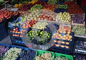 Sale of fresh fruits and vegetables at the market.