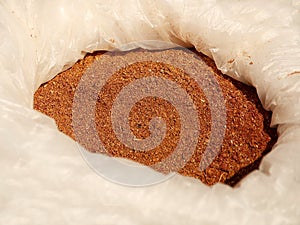 Sale of friable cereals and seasonings in open bags on a bazaar counter. Trade in cereals and medicinal herbs of traditional