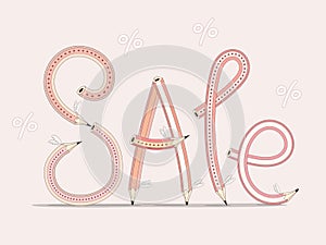 Sale. Funny text `Sale` consisting of pencils on pink background.