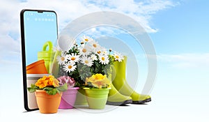 Sale gardening tools and flowers online, pots colorful primroses and a large vase of daisies, surrounded by green boots and a