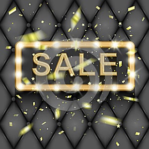 Sale, golden text in 3d on black background. Sale vector poster for your promotional products