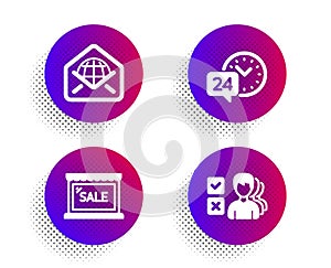 Sale, 24h service and Web mail icons set. Opinion sign. Shopping store, Call support, World communication. Vector