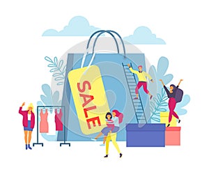 Sale, happy people and big shopping bag isolated vector illustration. Man and woman in store, discount. Big Sale